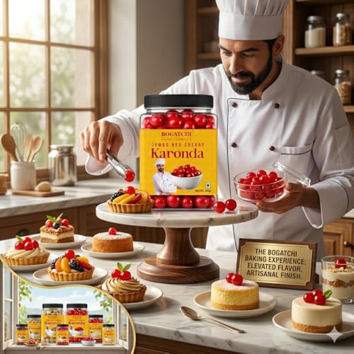 Image of BOGATCHI Jumbo Red Cherry Karonda for Cake Decoration, Ice Creams, Shakes & Desserts | Big Juicy Cherry Toppings for Baking, Garnishing & Sweets | Delicious, Tasty & Ready to Use | 200g