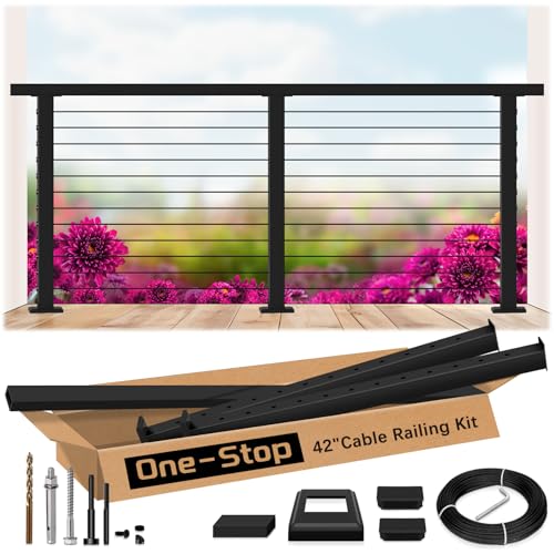 Zylorix 4ft-8ft Complete Set 42' Deck Cable Railing System with Handrail Cuttable, T304 Stainless Steel Black Level Drilled Cable Railing Posts Kit with 1/8' Cable Railing Hardware for Outdoors
