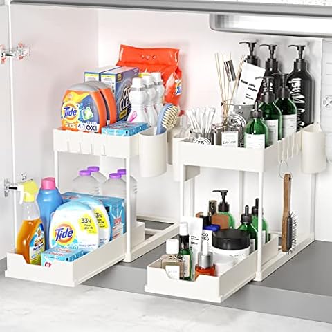 Under Sink Organizer, 2 Tier Under Sliding Cabinet Basket Storage Rack with Hooks, Hanging Cup, Multipurpose Storage Shelf for Bathroom Kitchen Countertop, 2 Pack, White Cover