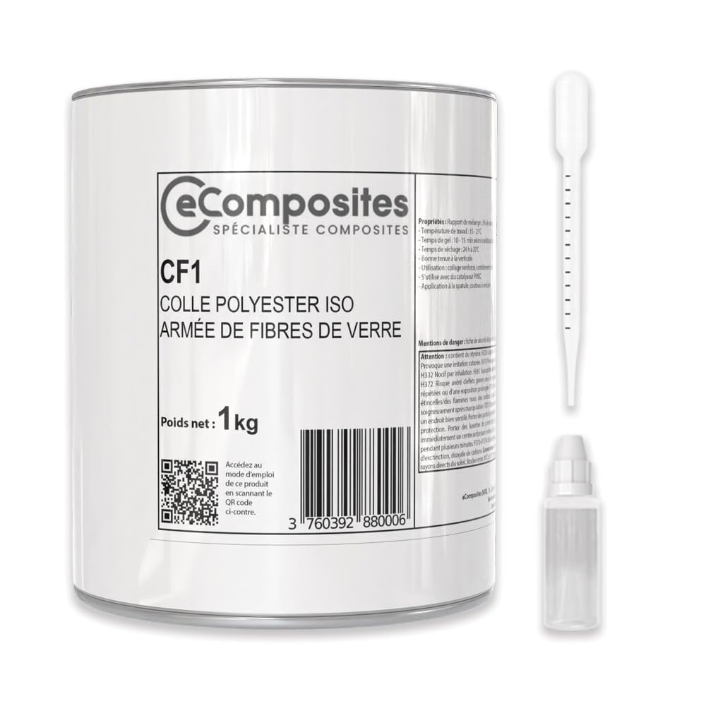 Colle Polyester Fibrée | 1 kg | + Catalyseur PMEC + Pipette de dosage 3 ml, Choucroute Polyester, Mastic Armé de Fibres de Verre pour Réparation, Collage résistant Bateau, Picscine, Bois