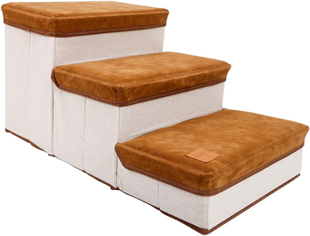 BESTonZON Foldable Three-Step Pet Stair for Puppies with Storage Case, Indoor Dog Ladder for Small Dogs, Brown Portable Puppy Ramp for Easy Climbing and Space Saving