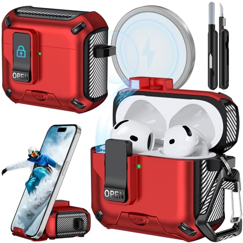 Joremx Compatibile con Custodia AirPods 4 con supporto per telefono, Cover in design fibra di carbonio per AirPods 4 versione ANC con chiusura automatica a scatto e pennello per pulizia (Rosso)