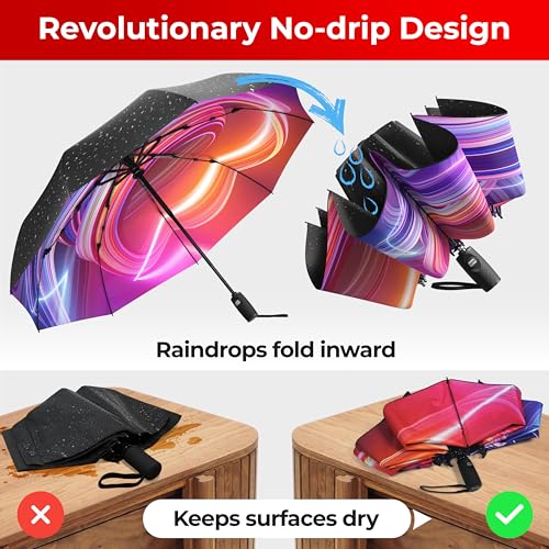 TUMELLA Flip-proof Inverted Travel Umbrella, Small Strong but Light Portable and Automatic Reverse Folding Rain Umbrella, Durable Premium Grip, Fits Car & Backpack