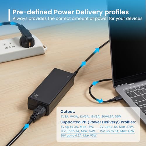Ewent Usb C 90W Caricatore USB-C Pd Per Macbook Pro/Air, Notebook, Smartphone E Tablet, Alimentatore Type C Per Lenovo/Hp/Huawei/Xiaomi/Dell/Asus/Acer/Chromebook, Protezione Quadrupla - 320Cm - 5