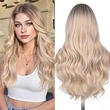 Lady Miranda Blonde Wigs for White Women Brown to Ash Blonde Natural Looking High Density Heat Resistant Synthetic Hair Weave Full Wigs for Women Middle Part Long Ombre Blonde Wavy Wig (T/Ash Blonde)