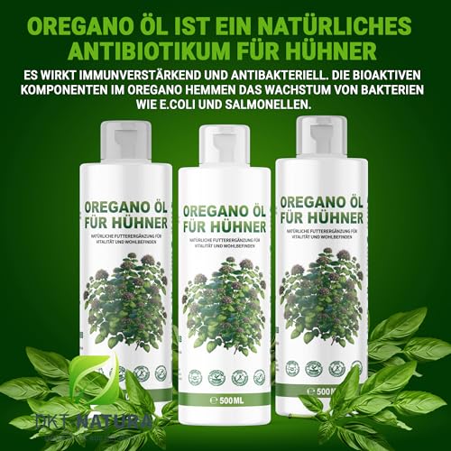 DKT-Natura | 500ml Oregano ÖL mit 80% Carvacrol | Hochdosiert | Für Hühner | Vogelgrippe Vorsorge | die Verdauung & Darmflora | Hilfe bei Parasitenbefall | Ergänzungsfutter Hühner, Tauben, Wachteln