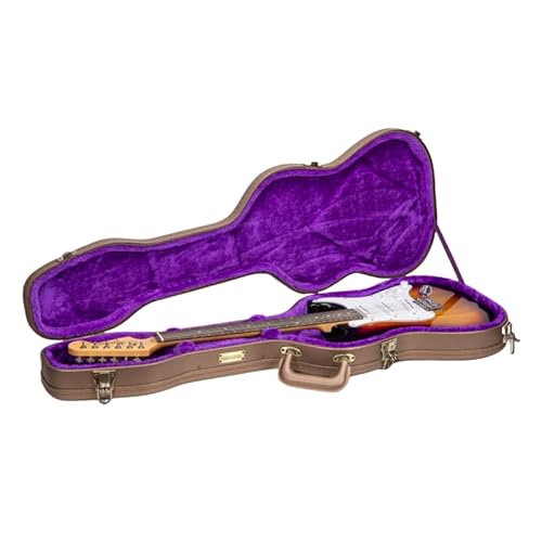 Stratocaster&Telecaster用クロスロック輪郭木製エレキギターケース|チョコレートブラウン仕上げ、パープルベルベットインテリア、ロック?デザイナーシリーズ