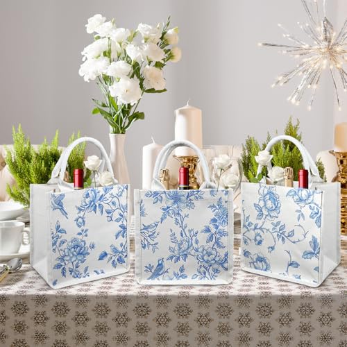 Bolsa tote de arpillera floral azul y blanca con asas miniatura 7