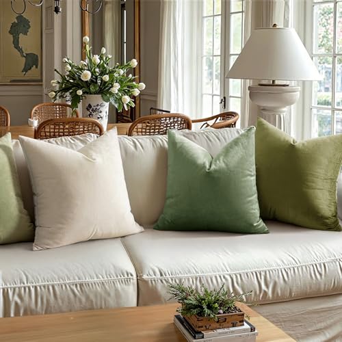 Image of MIULEE Velvet Throw Pillow Covers 20x20 Inch, Pack of 2 - Sage Green, Soft Solid Decorative Pillow Covers Square Cushion Cases Farmhouse Modern Home Decor for Spring Couch Sofa Bedroom Living Room