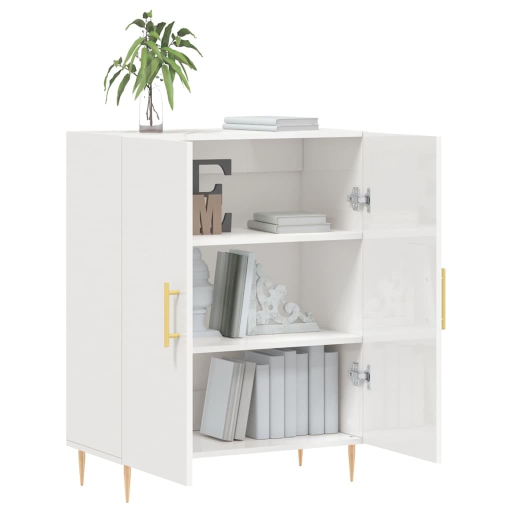 Kredens biały wysoki połysk materiał drewnopochodny z metalowymi nóżkami 69,5 x 34 x 90 cm miejsce do przechowywania meble kuchenne salon szafka bufet przechowywanie półka