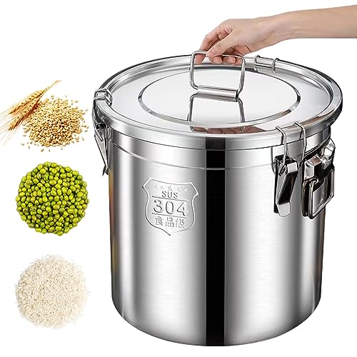 Recipiente hermético de acero inoxidable para cereales, cubo de almacenamiento de alimentos con tapa y asas para organización de cocina