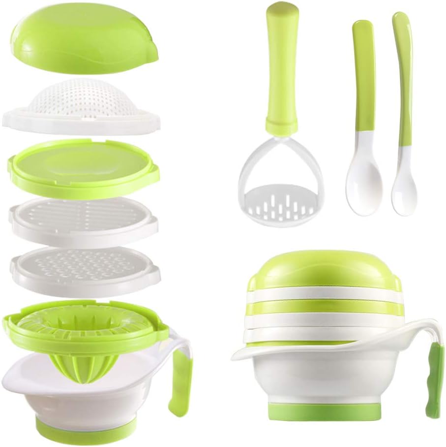 Matyz Versatile Baby Food Maker Set - Toddler Food Mills with Mash Bowl, Hand Masher, Citrus Juicer, Grater - Making Homemade Baby Food - Fruits and Vegetables Masher - No BPA (Matyz Green)