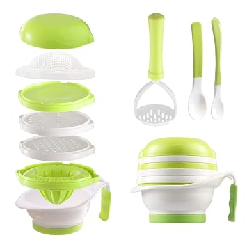 Matyz Versatile Baby Food Maker Set - Toddler Food Mills with Mash Bowl, Hand Masher, Citrus Juicer, Grater - Making Homemade Baby Food - Fruits and Vegetables Masher - No BPA Matyz Green