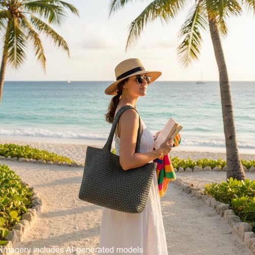 Sumrains Woven Tote Bag for Women: Handwoven Vegan Leather Bag with Detachable Clutch for Effortless Vacation Outfits (Grey) by Sumrains - Used condition - Image 3