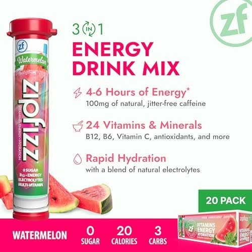 Image of Zipfizz Daily Energy Drink Powder, Watermelon, 20 Pack | 3-in-1 Sustained Energy, Rapid Hydration, and Essential Vitamins | Sugar-Free | Electrolyte Powder | Contains Vitamin B-12 & Antioxidants