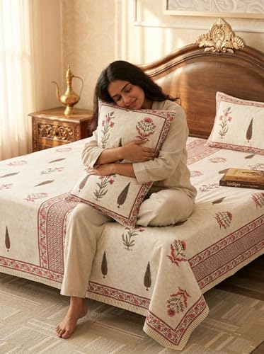 Image of Mafatlal 144 TC Jaipuri Cotton King Bedsheet | 90 x 108 Inches | Traditional Design | Smooth, Long-Lasting & Soft | 2 Pillow Covers | Pastel Pink