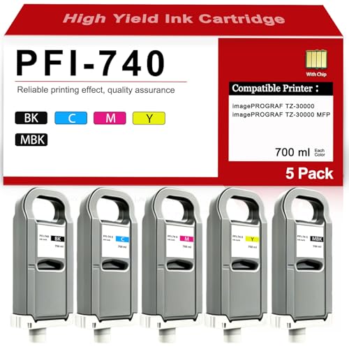 Image of CULater PFI-740 PFI740 Ink Cartridge Set PFI-740MBK BK C M Y Compatible for Canon imagePROGRAF TZ-30000 TZ-30000 MFP Printer Ink Tank (5-Pack, 700ml)