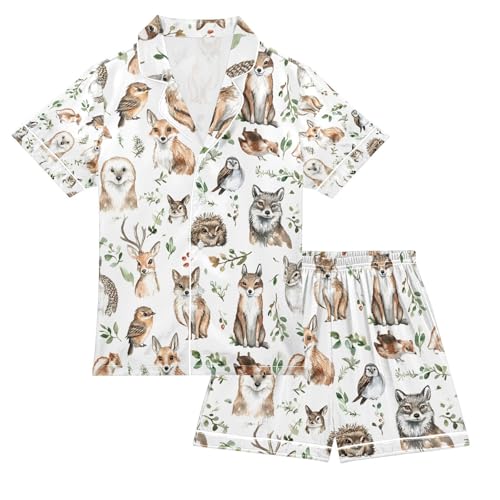 senya Cute Animals Fox Owl Satin Summer Pajama Sets Silk Short Sleeve Button Down Sleepwear