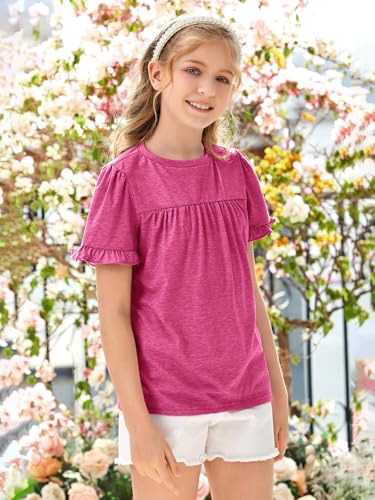 Image of Ebifin Girls Short Sleeve Tops Kids Peplum Babydoll T Shirts Tees 4-15Y | Girls T-Shirts, Crew neck Short Sleeve Shirts, Casual Tunic Tops, Cute Blouses, Summer Tees, Ruffle Hem, Loose fit