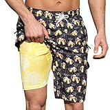 Mens Swim Trunks with Compression Liner Beer Party Zipper Cargo Pockets 9 Inch Stretch Swim Shorts Quick Dry Swimming Shorts
