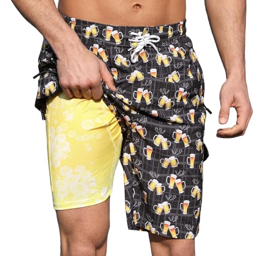 Mens Swim Trunks with Compression Liner Beer Party...