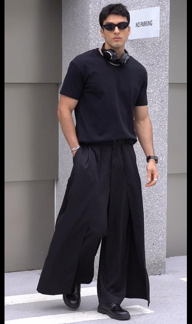 OYOANGLE Men's Baggy Wide Leg Pants Zipper Fly Pleated Trousers