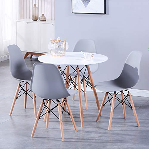 BenyLed Mesa de Comedor y 4 Sillas, Mesa Redonda d Madera Maciza de 80 cm y 4 Sillas de Comedor, Juego de Muebles de Comedor para el Hogar, Oficina, Cocina, Balcón y Jardín, Blanco+Gris