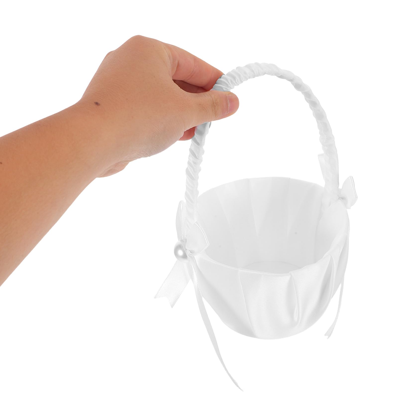 DOITOOL 4 Stück Weiße Satin Hochzeitsblumenmädchen Körbe mit Perlen und Schleife Eleganter Blütenkorb für Hochzeitszeremonien und Romantische Anlässe