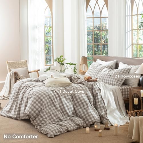 Image of MooMee Gingham Duvet Cover Set 100% Washed Cotton Linen Like Textured Breathable Durable Soft Comfy Modern Checkered Design (Buffalo Plaid Tannish Linen Grey, Palatial King /Oversized King 120 inchx98 inch)