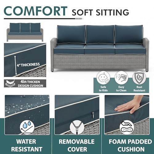 Image of OUTLIVING Outdoor Sofa Set || Patio Furniture Sets || Balcony Sofa || Indoor Sofa || Wicker Rattan Garden Sofa Set with Cushion and Center Table (5 Seater,Grey with Navy Blue Cushions)