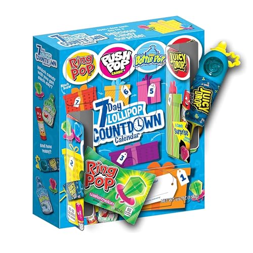 Bazooka Brands 7 Day Candy Countdown Calendar, Full-Size Surprise Hard Candy Lollipops From Ring Pop, Push Pop, Baby Bottle Pop & Juicy Drop, Fun Customizable Gift Box for Kids Party Favors and Prizes