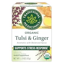 Traditional Medicinals Tea, Organic Tulsi & Ginger - Relieves Stress, Tension, Irritability - Kosher, Non-GMO, Caffeine-Free - 16 Tea Bags