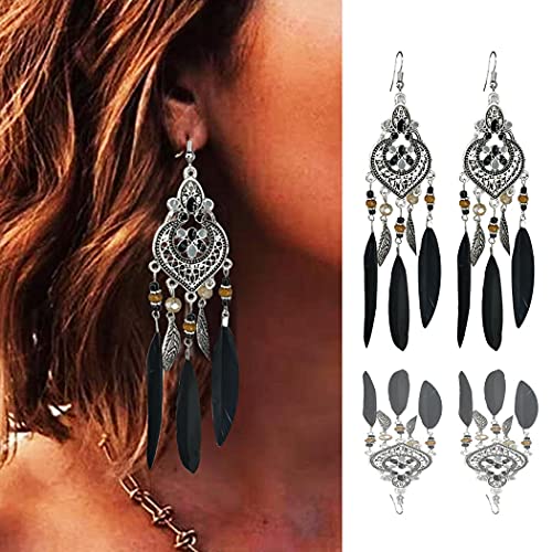 Gsoanrs Bohemian Earrings Feather Tassel Silver Ethnic Retro Boho Dangle Earring Bead Women Jewelry for Birthday Party Gifts (Black)