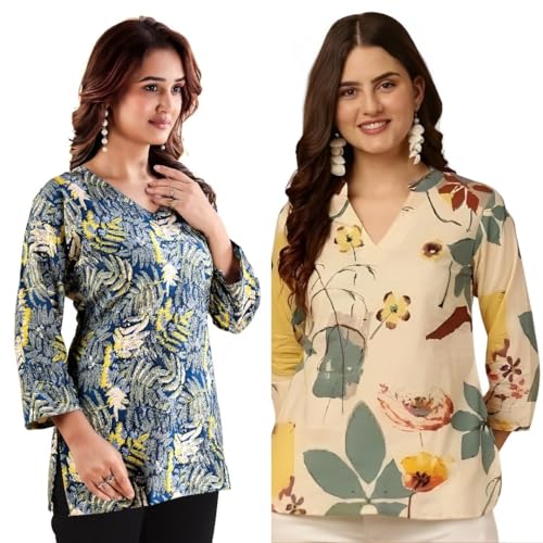 Image of Women's Cotton Printed Short Kurti, Round Neck, Three Quarter Sleeve, Straight Fit, Pack of 2