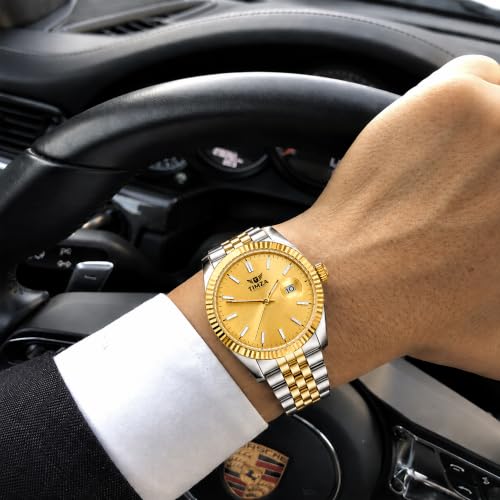 Image of Classic Gold Dial Quartz Watch for Men with Stainless Steel Two Tone Bracelet (Silver-Golden), Magnified Date Window & Water Resistant Build