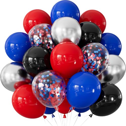 Adeyoo 50Pcs Red Blue Black Balloons - 12 Inch Royal Blue Black Red Balloons Set with Metallic Silver Latex Confetti Balloon for Man Birthday Graduation Baby Shower Spider Theme Party Decorations