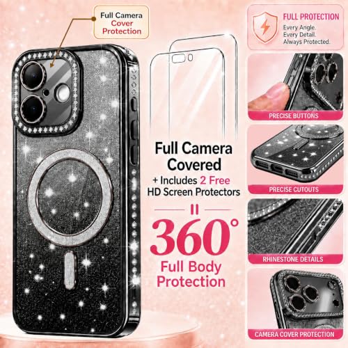 GIYNCO for iPhone 16 Case Women Cute, [2X HD Screen Protector] [Full Camera Cover] [Rhinestone Bumper] [for Magsafe ] Protective Glitter Bling Sparkly Girl Girly Phone Case - Black by GIYNCO - Used condition - Image 2