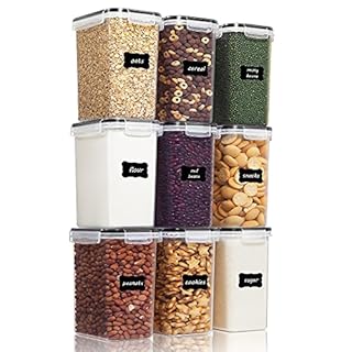 Vtopmart Set of 9 Airtight Food Storage Containers with Lids,Plastic Kitchen Pantry Organizers and Flour Storage,Dry Food Keepers, 2L Cereal Containers with 24 Labels,Black