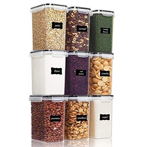 Vtopmart 2L Vorratsdosen Set, Müsli Schüttdose & Frischhaltedosen, BPA frei Kunststoff, luftdicht,Trockenfutterbehälter, Satz mit 9, 24 Etiketten für Getreide, Mehl, Zucker usw (Schwarz)