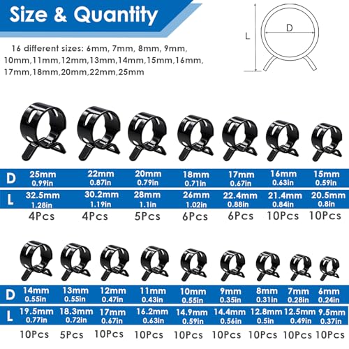 Image of Tnisesm 132Pcs 6-25MM Spring Hose Clamps with Hose Clamp Pliers, Black Small Hose Clamps Automotive Fuel Hose Clamp Silicone Vacuum Hose Pipe Low Pressure Air Clip Clamp