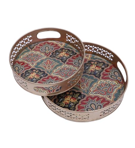 Image of Two Moustaches Traditional Design Metal Round Serving Trays Set (8 Inches & 10 Inches), Serving Plates for Home, Platters for Tea /Coffee /Fruits /Snacks, Decorative Pichwai Tray, Golden, Pack of 2