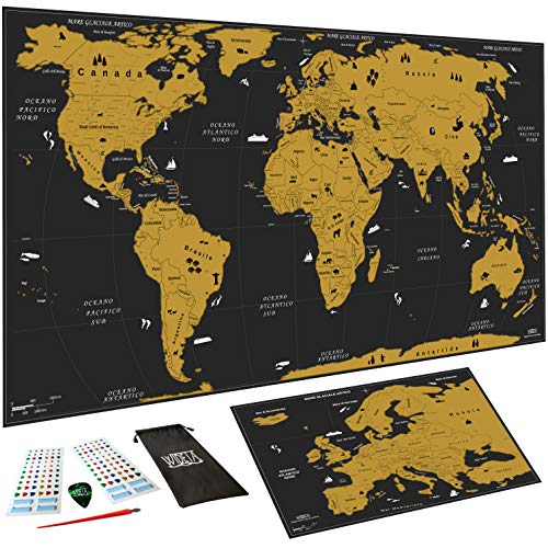 WIDETA Carte du Monde à gratter en Italien, XXL (82 x 43 cm) / Papier couché Extra épais 300 g/m² et laminé avec Film de Protection/Bonus Carte de l'europe, Accessoires et Emballage Cadeau