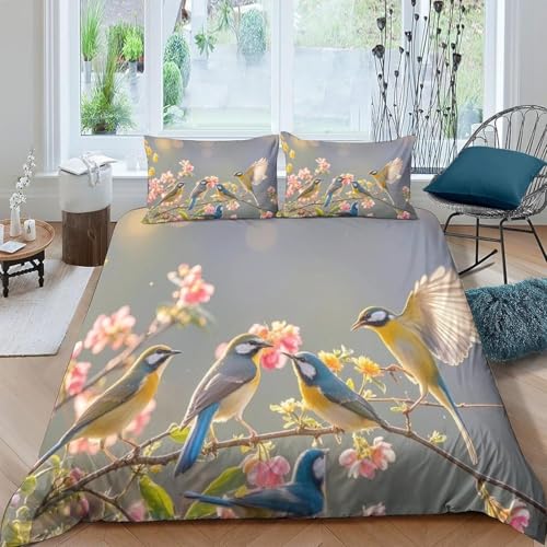 Niedlicher Gelber Vogel Bettwäsche 155x220 Bettwäsche-Sets Weich Mikrofaser Rosa Blumen 3D-Digitaldruck Es Besteht Aus Einem Bettbezug mit...