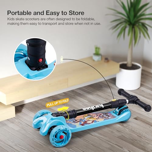 Image of Baybee Flash Kick Scooter for Kids | Smart Foldable 3 Wheel Kids Scooter with 4 Height Adjustable, LED PU Wheels & Brake | Skating Scooters Upto 75 Kg Capacity | Skate Scooters for Kid (Light Blue)