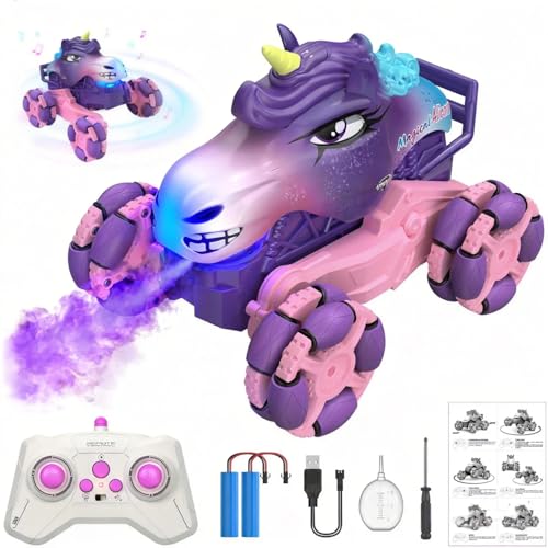 MAGTHIC Remote Control Car 1:18 Pink Unicorn Monster Truck 360° Spin-Dance Light Music with Spray, 2.4 GHz 4WD 120 Min Runtime Off-Road for Indoor & Outdoor Fun Toy Birthday Gifts for Girls Age 6+