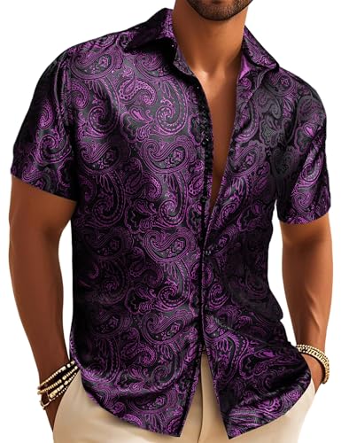 Barry.Wang Mens Paisley Short Sleeve Shirt Luxury Western Jacquard Party