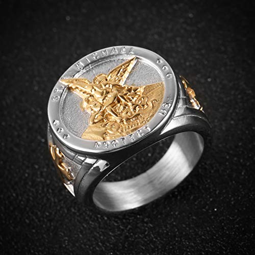 Image of HZMAN St. Michael San Miguel The Great Protector Archangel Defeating Satan Figurine Stainless Steel Amulet Ring