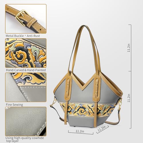 Women's Leather Tote Bag & Large Capacity Hand-Carved Cloud Design, Full-Grain Cowhide4