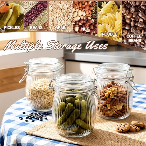Image of 25 oz Wide Mouth Glass Mason Jars with Airtight Lid 6 Pack, Glass Canister, Striped Clip Fastening Jar for Kitchen Storage Canning, Oat, Coffee, Pasta, Snack, Nut, Candy and Pickling Food