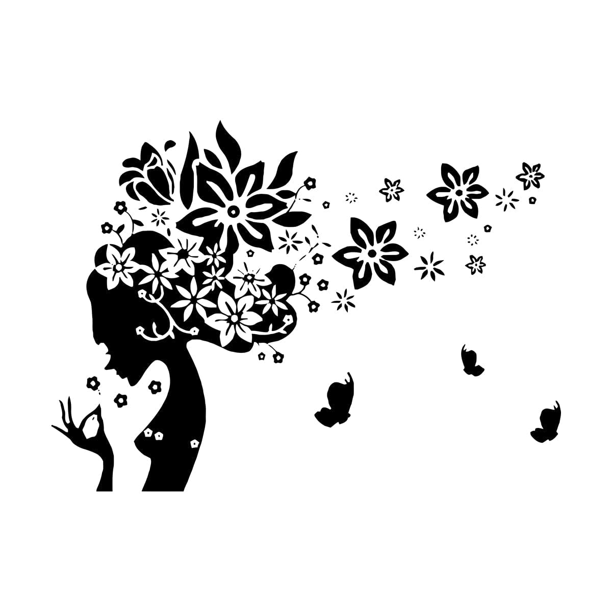 Woman Silhouette Hair Salon Wall Decal with Flowers and Butterflies Vinyl Wall Stickers Bedroom Living Room Hairdresser Small - 42x60cm